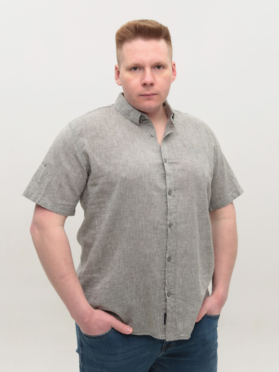 Рубашка мужская зеленая льняная короткий рукав 304-08