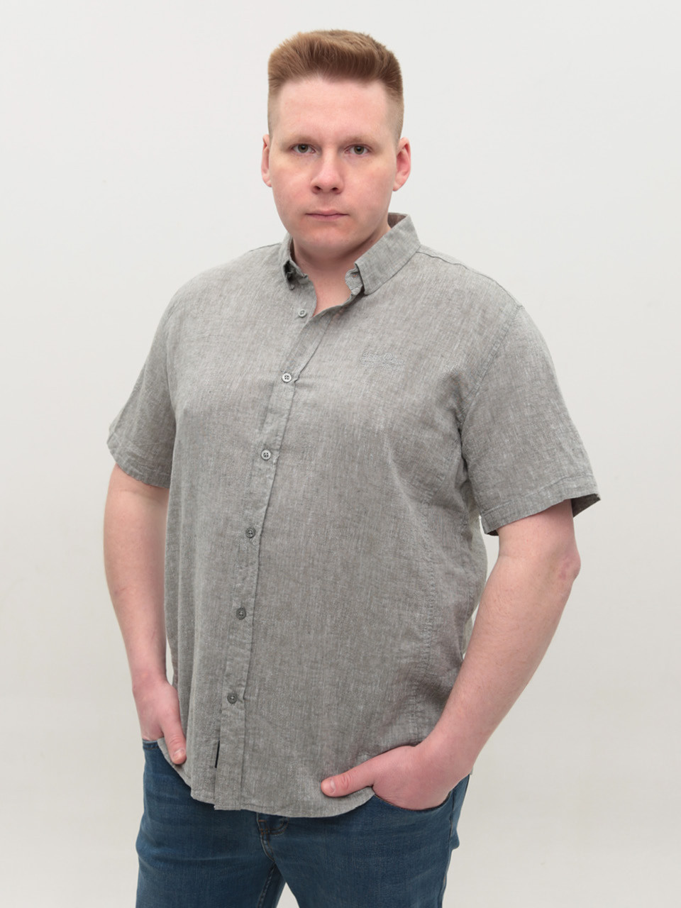 Рубашка мужская зеленая льняная короткий рукав 304-08