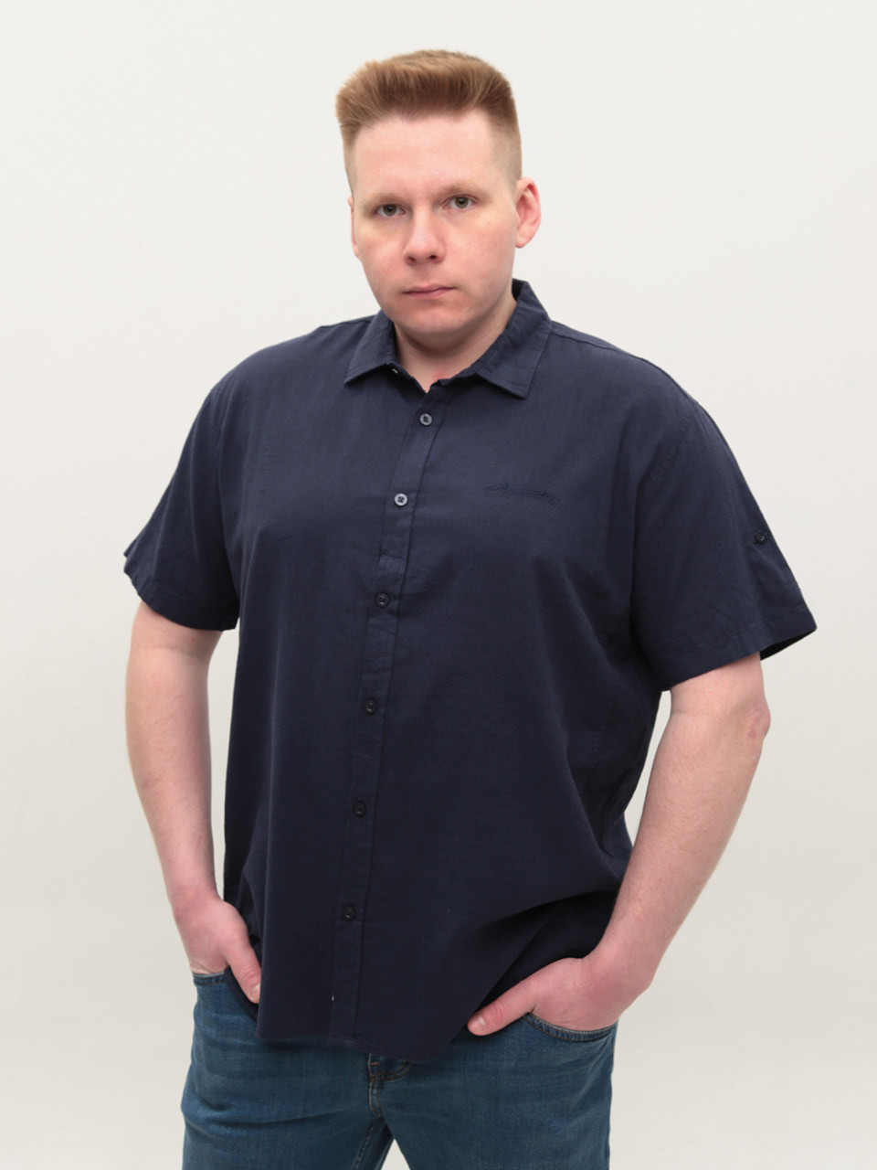 Сорочка чоловіча темно-синя лляна короткий рукав 304-01