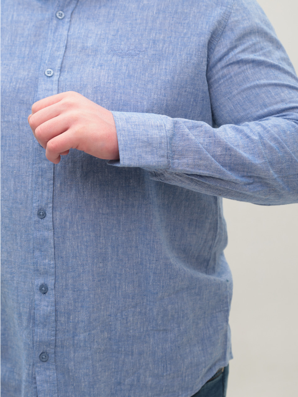 Рубашка мужская синяя льняная длинный рукав 307-04