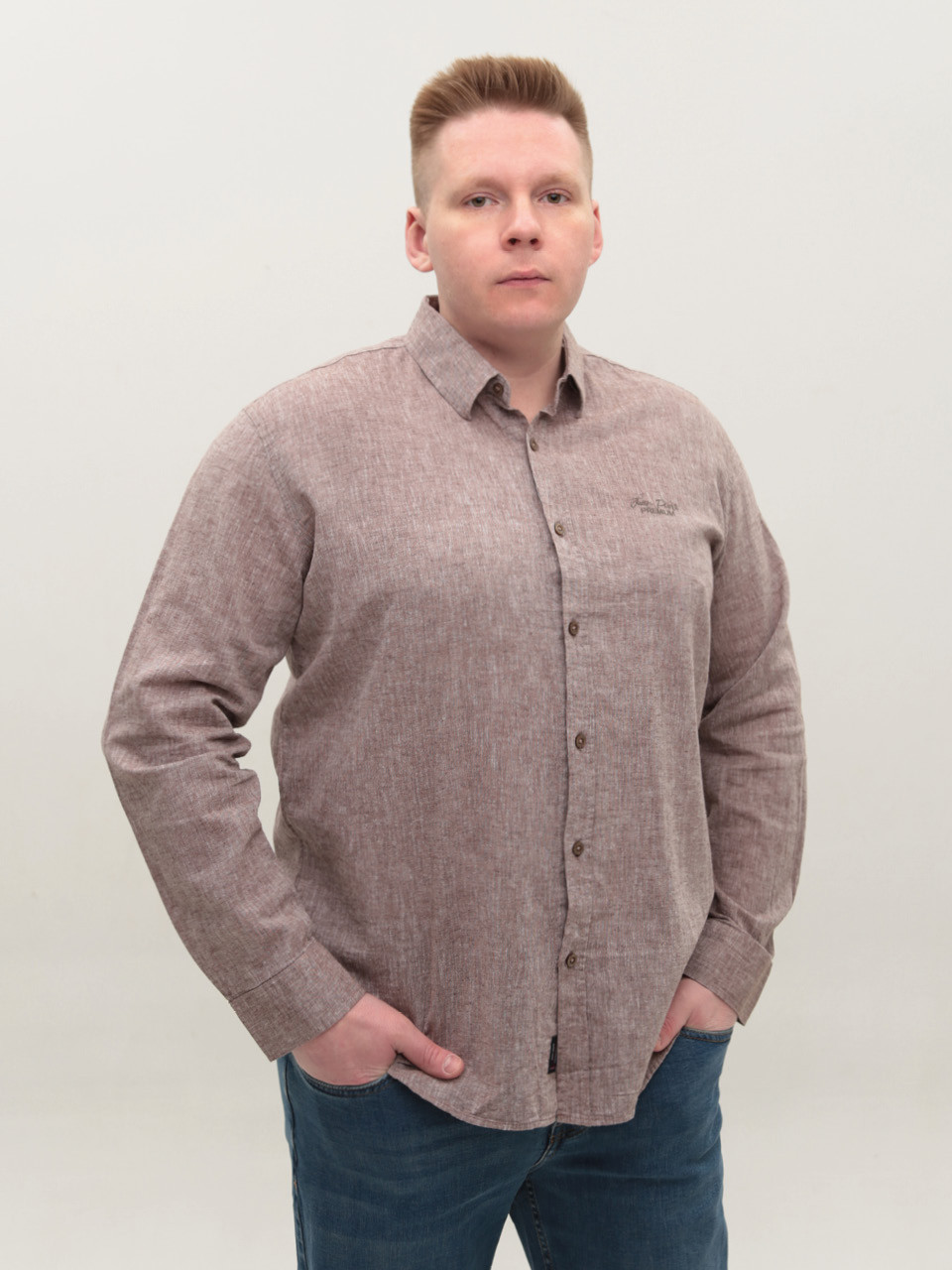 Рубашка мужская коричневая льняная длинный рукав большие размеры 307-B-11