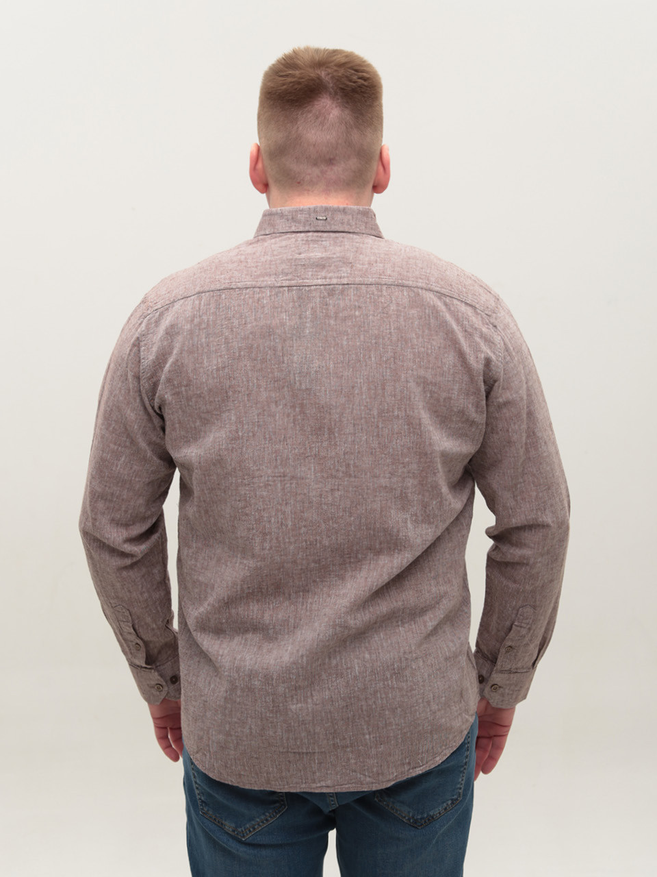 Рубашка мужская коричневая льняная длинный рукав большие размеры 307-B-11