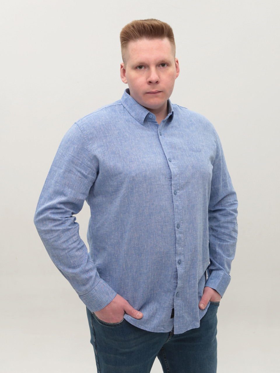 Сорочка чоловіча синя лляна довгий рукав великі розміри 307-B-04