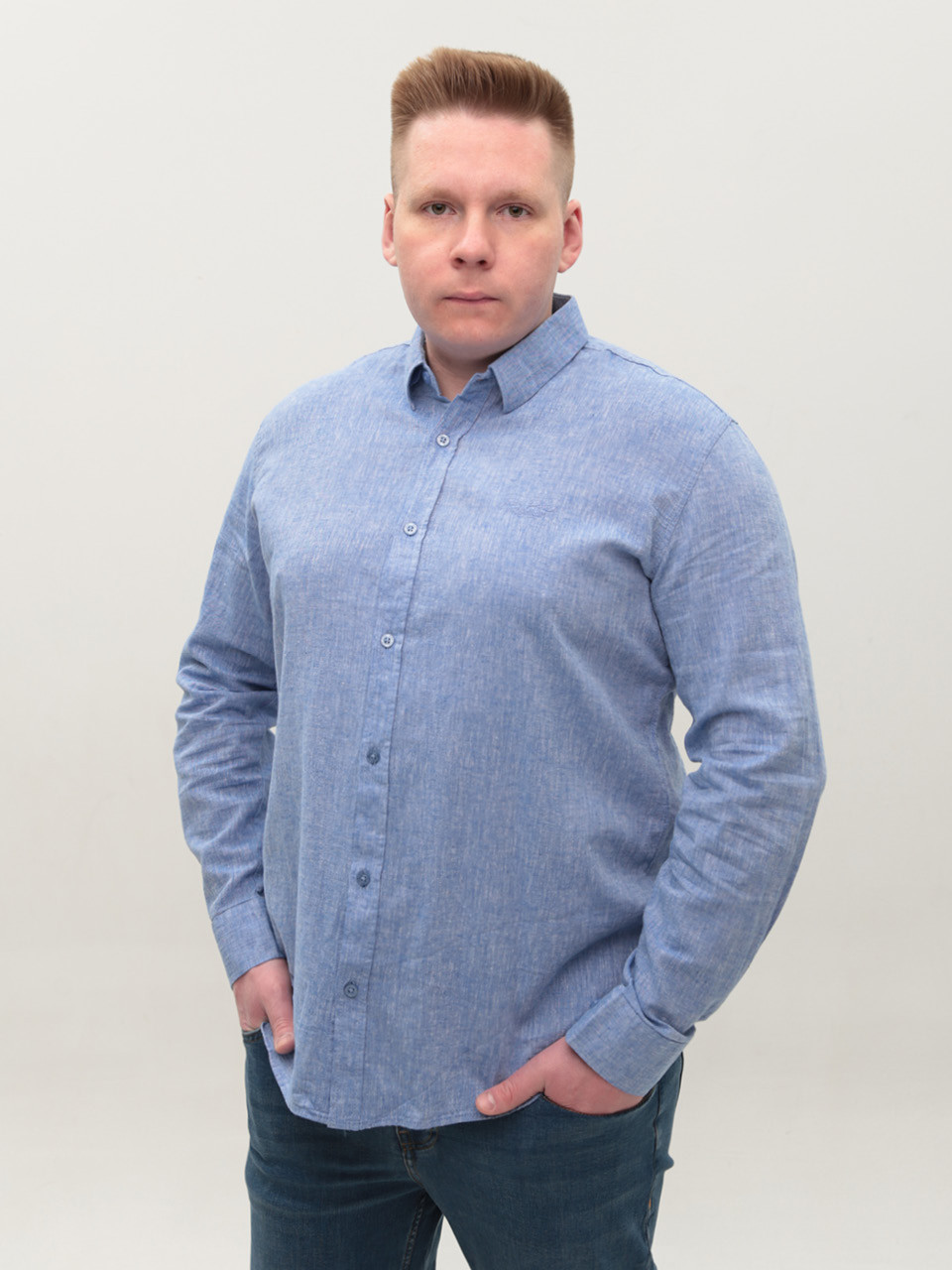 Сорочка чоловіча синя лляна довгий рукав великі розміри 307-B-04
