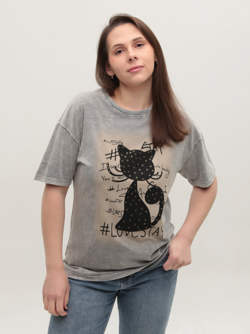 Футболка жіноча сіра з кішкою 635-T