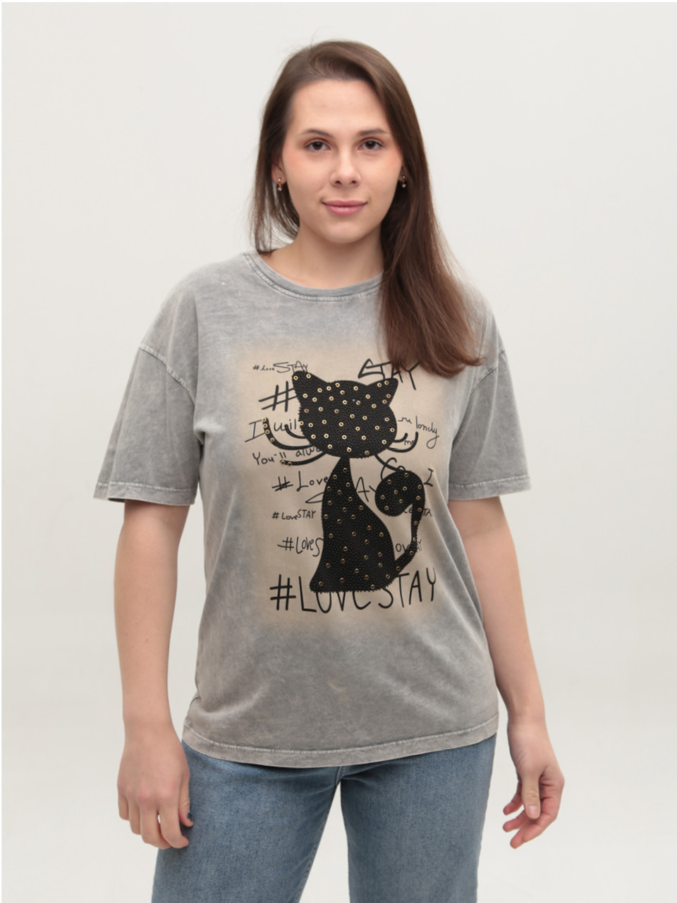 Футболка жіноча сіра з кішкою 635-T