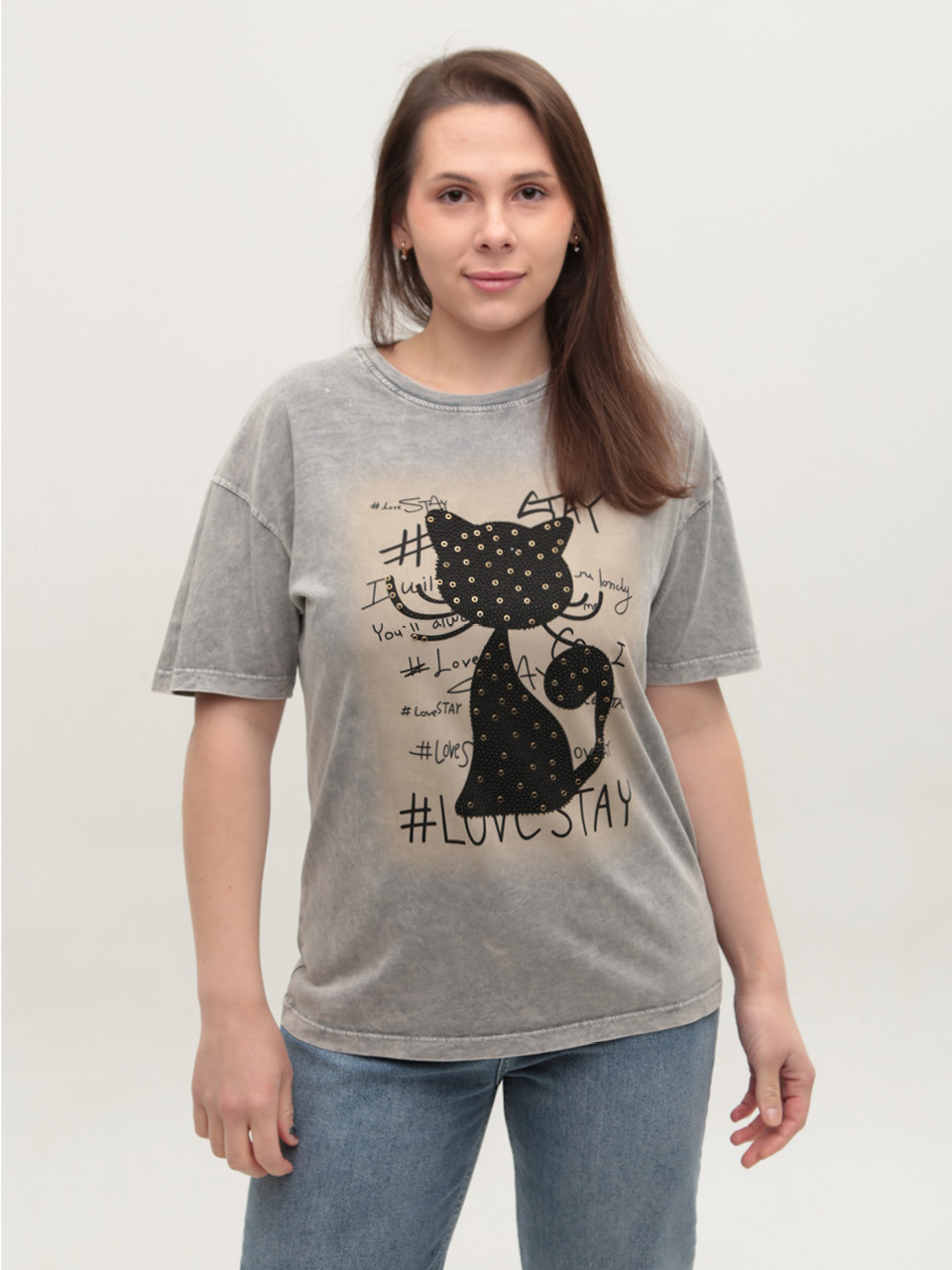 Футболка жіноча сіра з кішкою 635-T