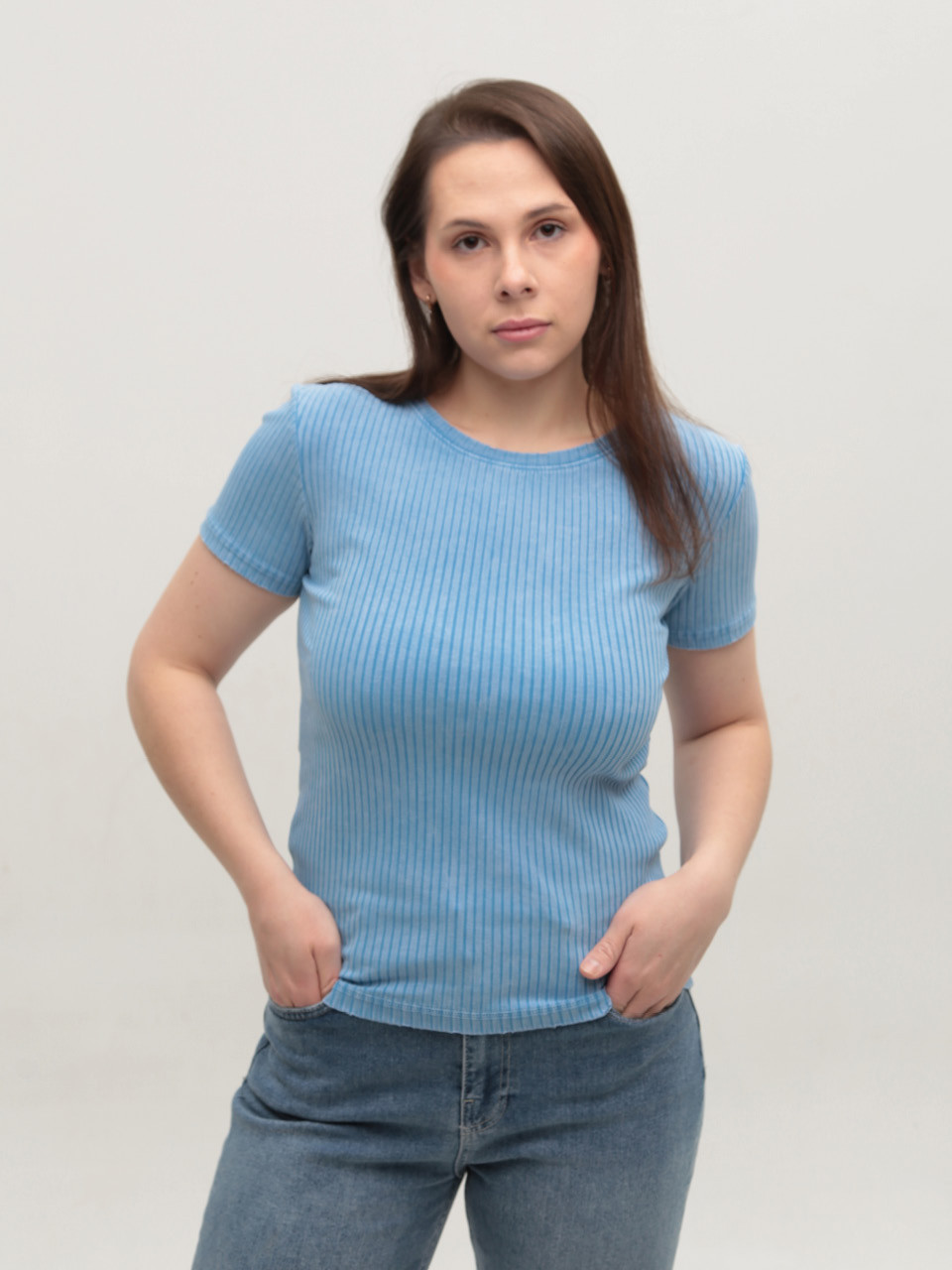 Футболка жіноча блакитна приталена у рубчик 1101-1