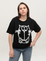 Футболка женская черная широкая с котом 1110-2-T