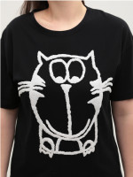 Футболка женская черная широкая с котом 1110-2-T