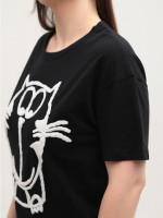 Футболка женская черная широкая с котом 1110-2-T