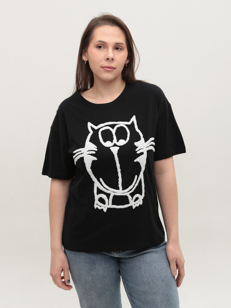 Футболка женская черная широкая с котом 1110-2-T