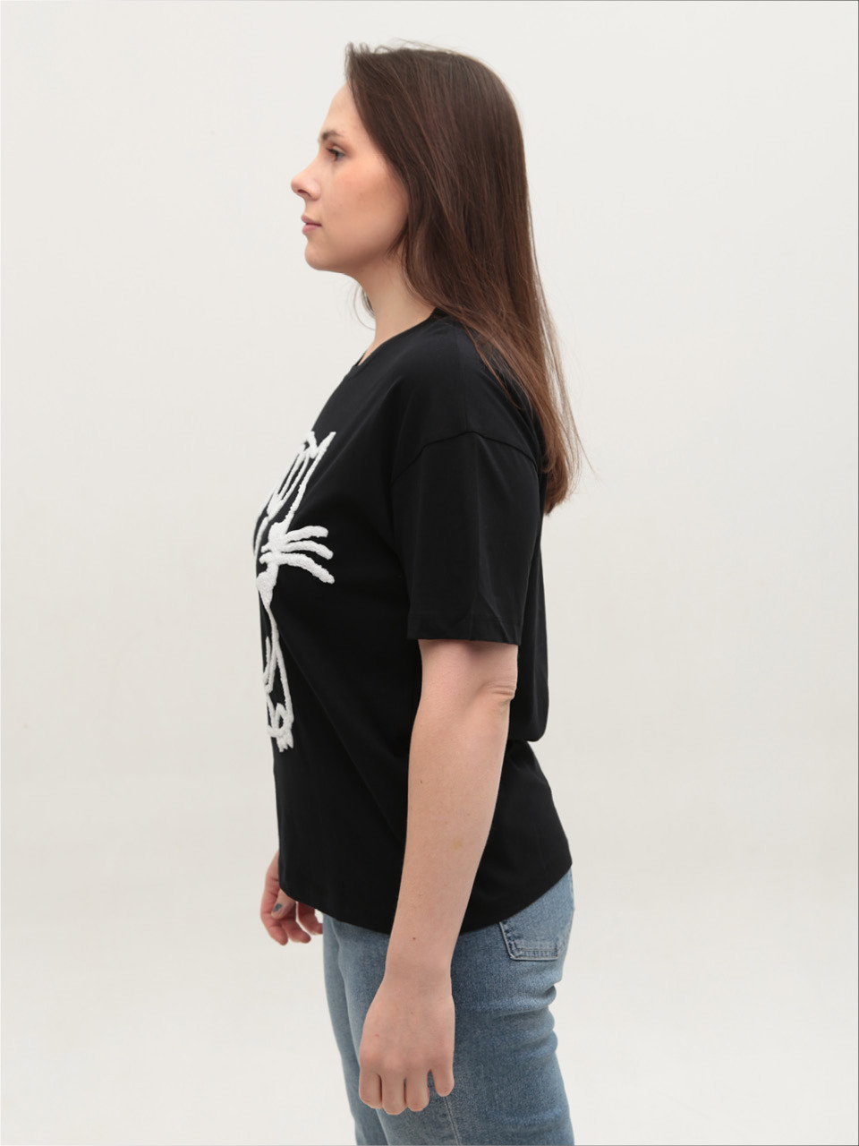 Футболка женская черная широкая с котом 1110-2-T