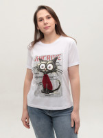Футболка женская белая прямая с котом 1115-1
