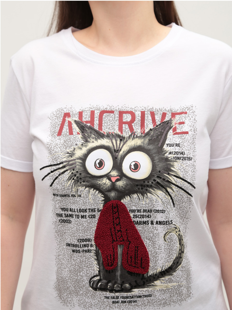 Футболка женская белая прямая с котом 1115-1