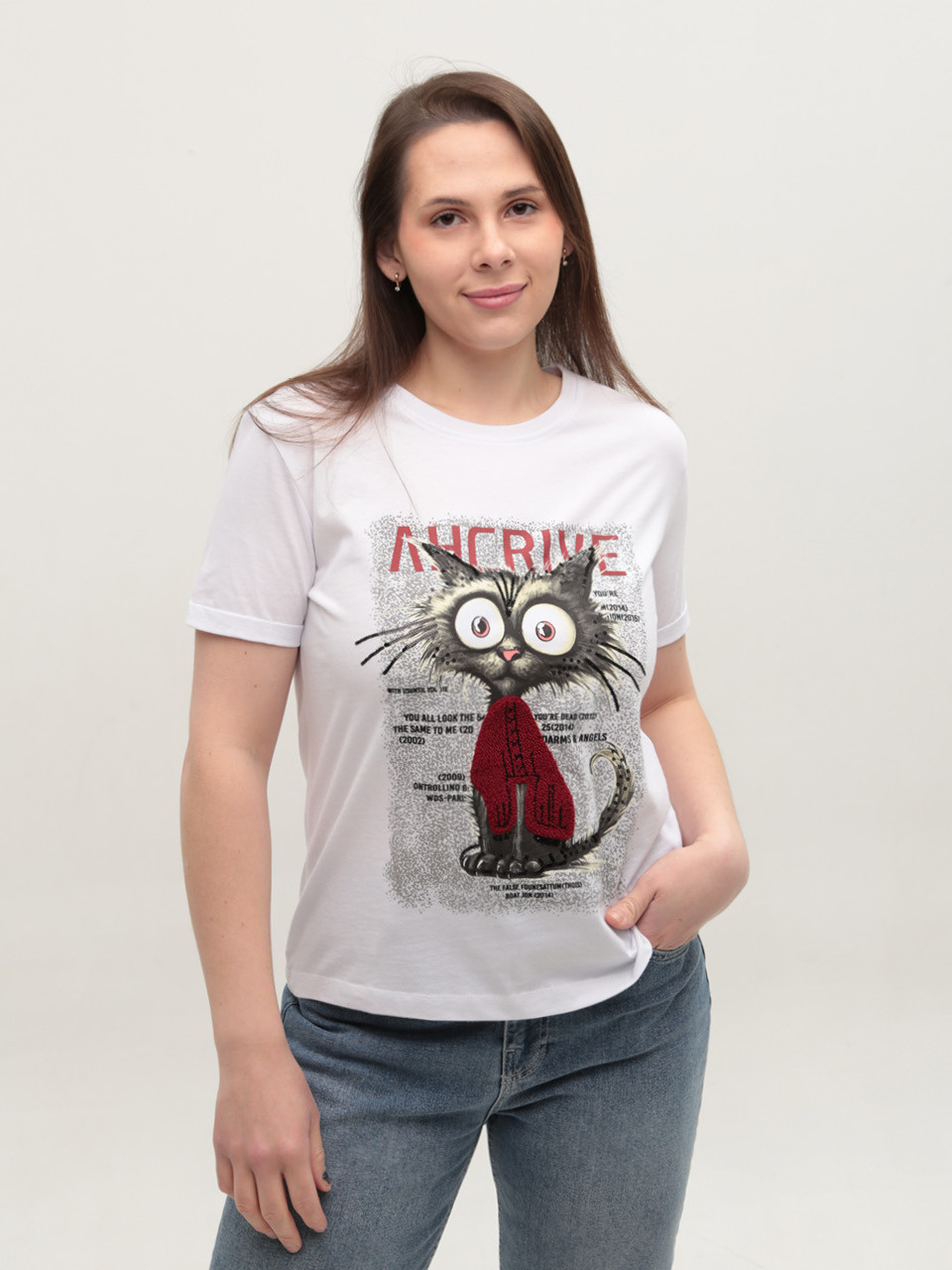 Футболка женская белая прямая с котом 1115-1