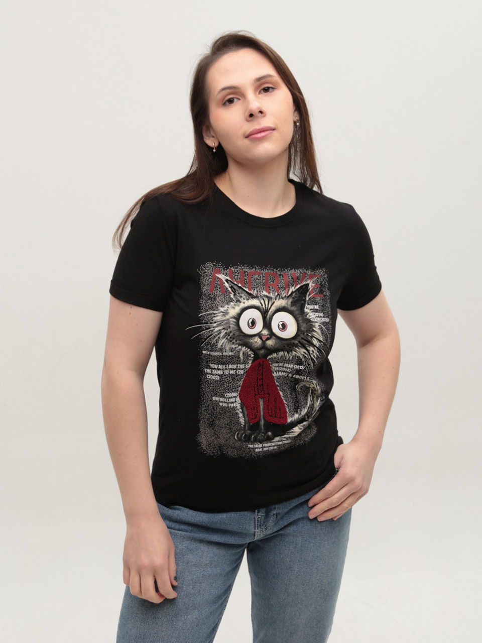 Футболка женская черная прямая с котом 1115-2