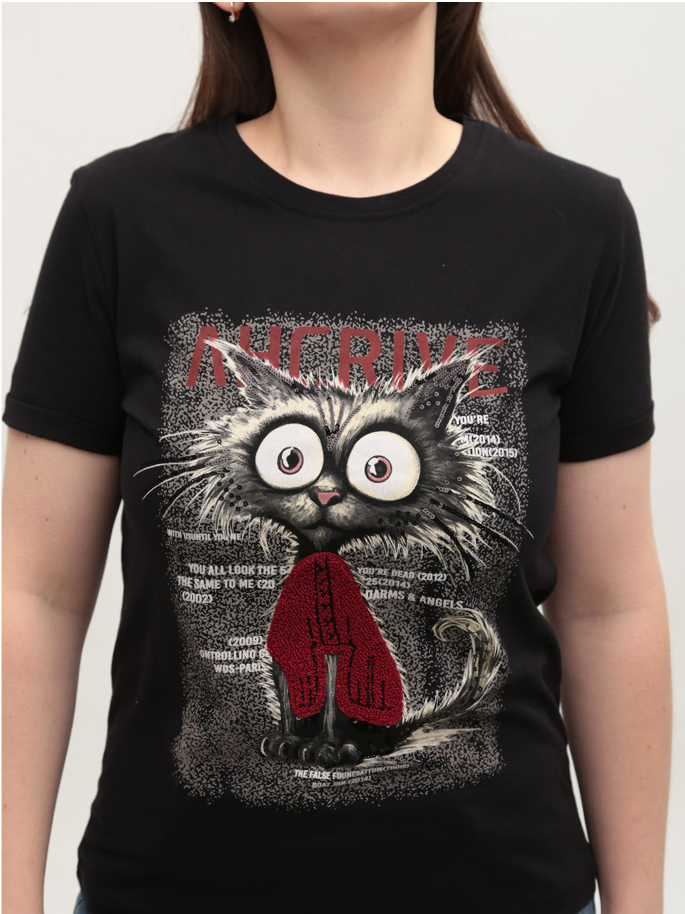 Футболка женская черная прямая с котом 1115-2