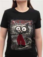 Футболка женская черная прямая с котом 1115-2