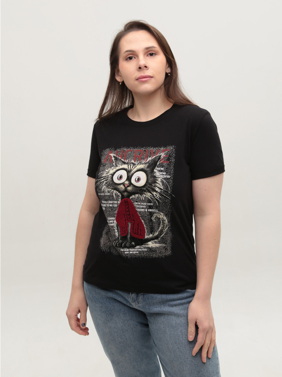 Футболка женская черная прямая с котом 1115-2
