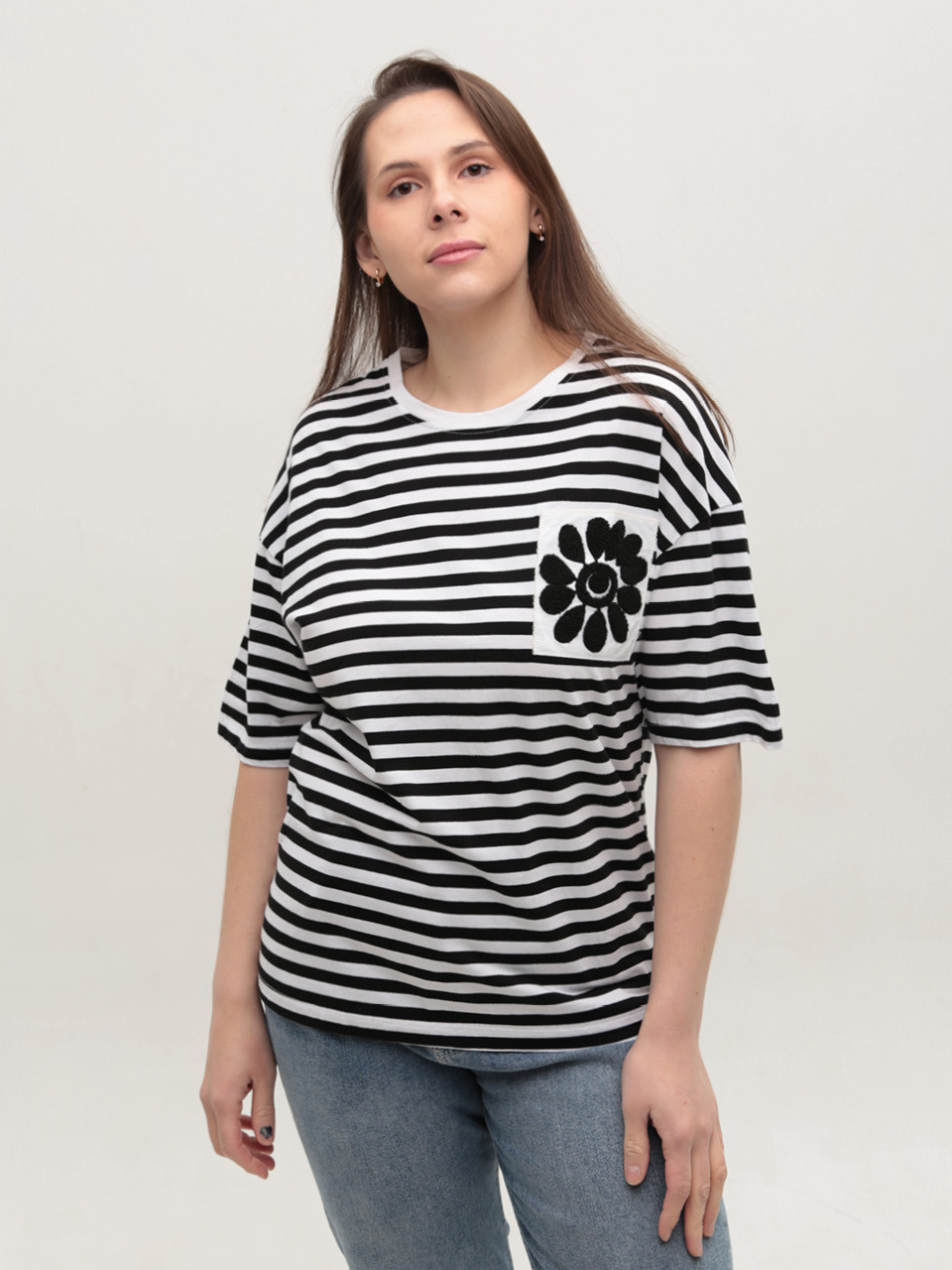 Футболка женская черная-белая в полоску широкая 1143-2-T