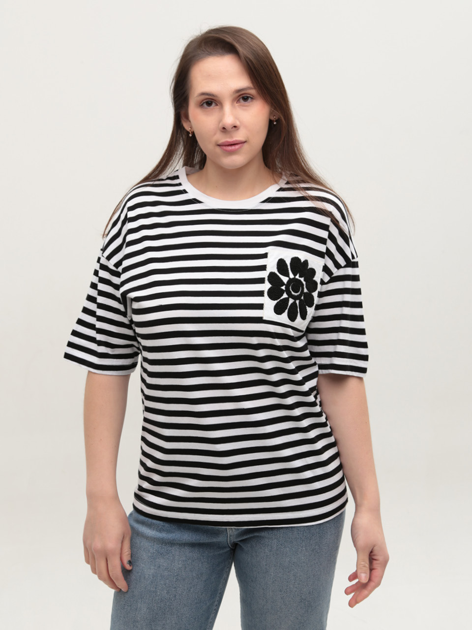 Футболка женская черная-белая в полоску широкая 1143-2-T