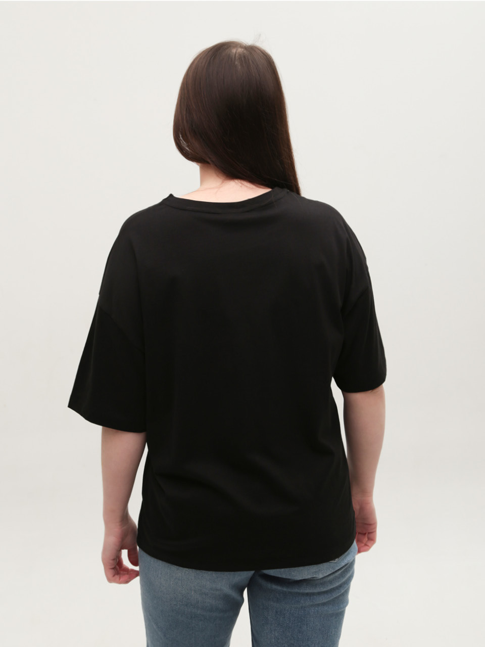 Футболка женская черная широкая с принтом 618-2-T