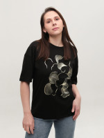 Футболка женская черная широкая с принтом 618-2-T