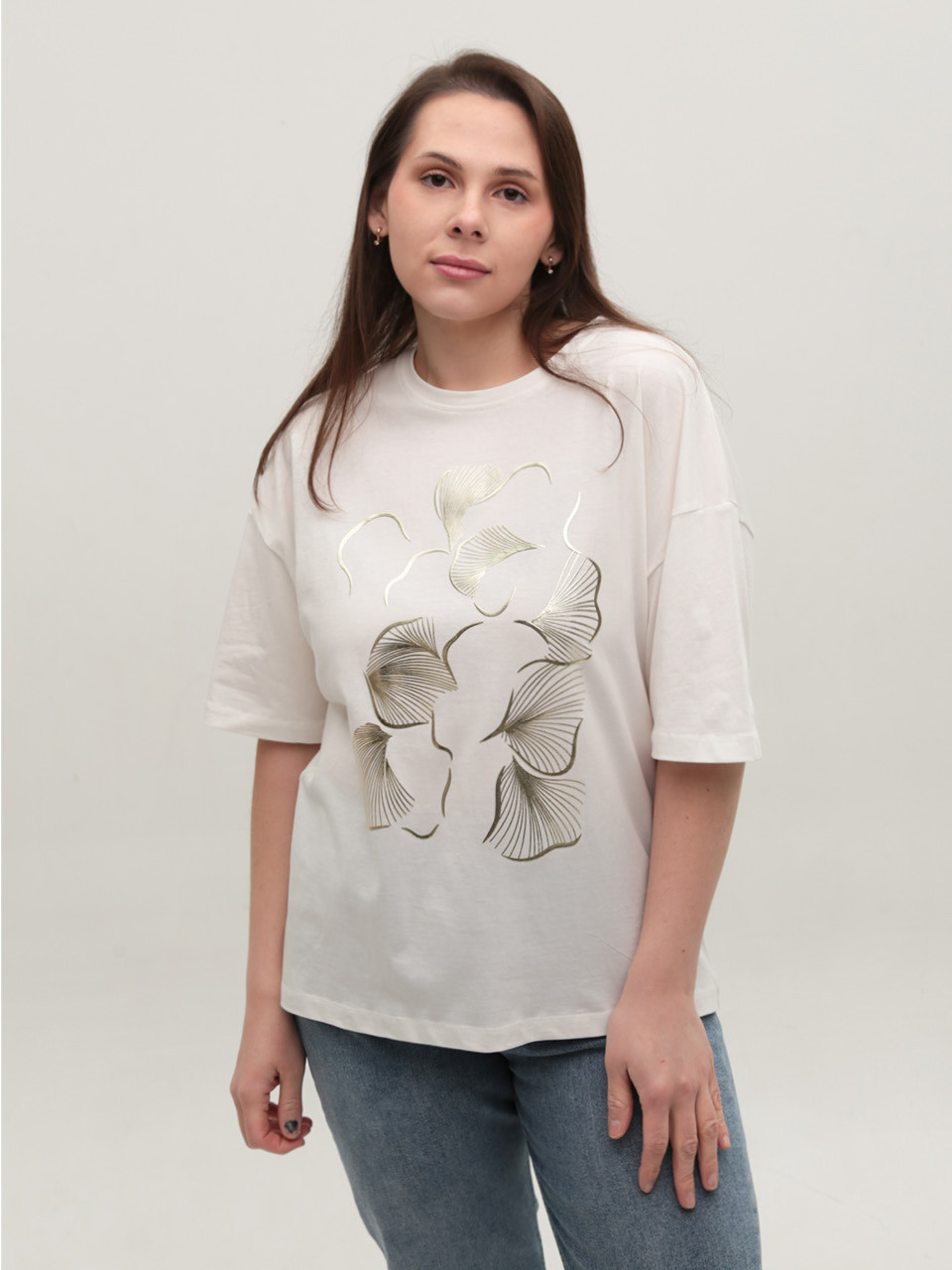 Футболка женская белая широкая с принтом 618-3-T