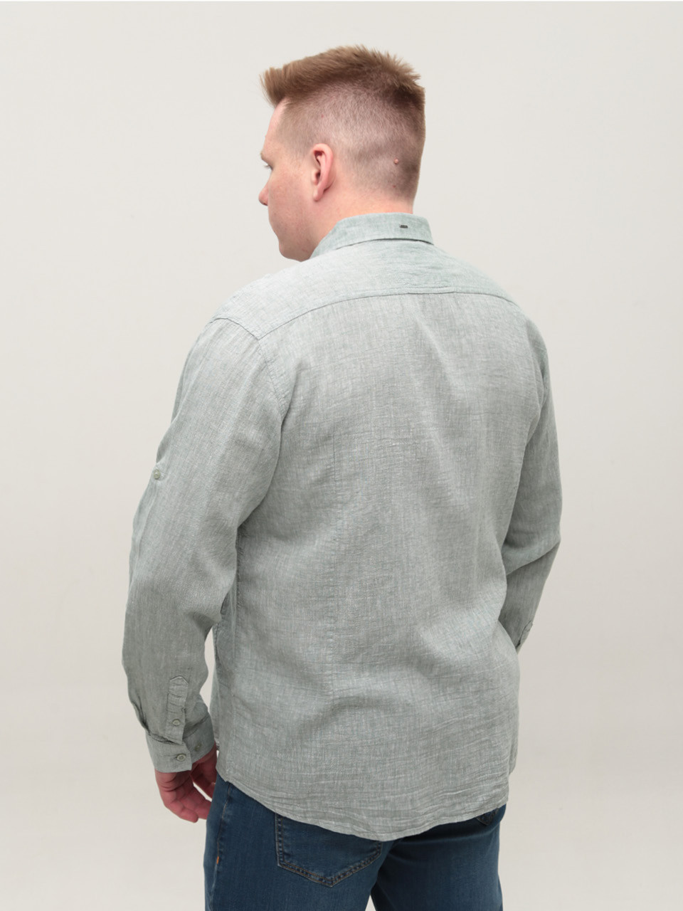 Рубашка мужская зеленая льняная длинный рукав 8412-12