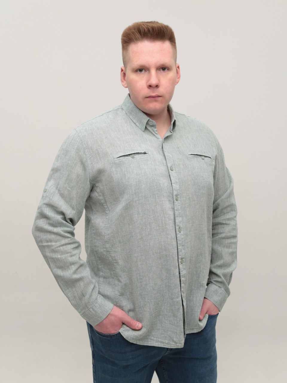 Рубашка мужская зеленая льняная длинный рукав 8412-12