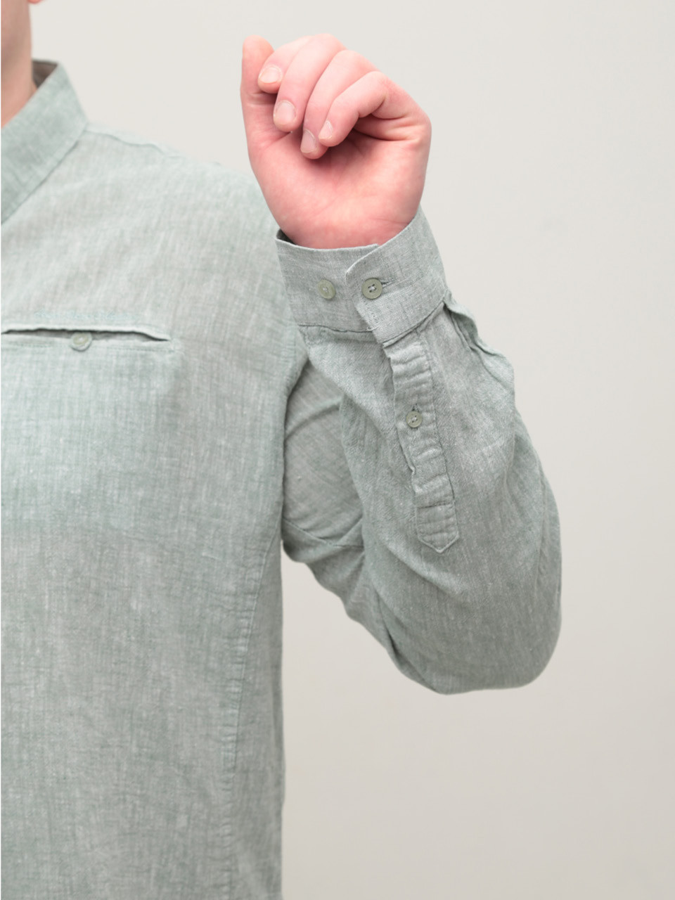 Рубашка мужская зеленая льняная длинный рукав 8412-12