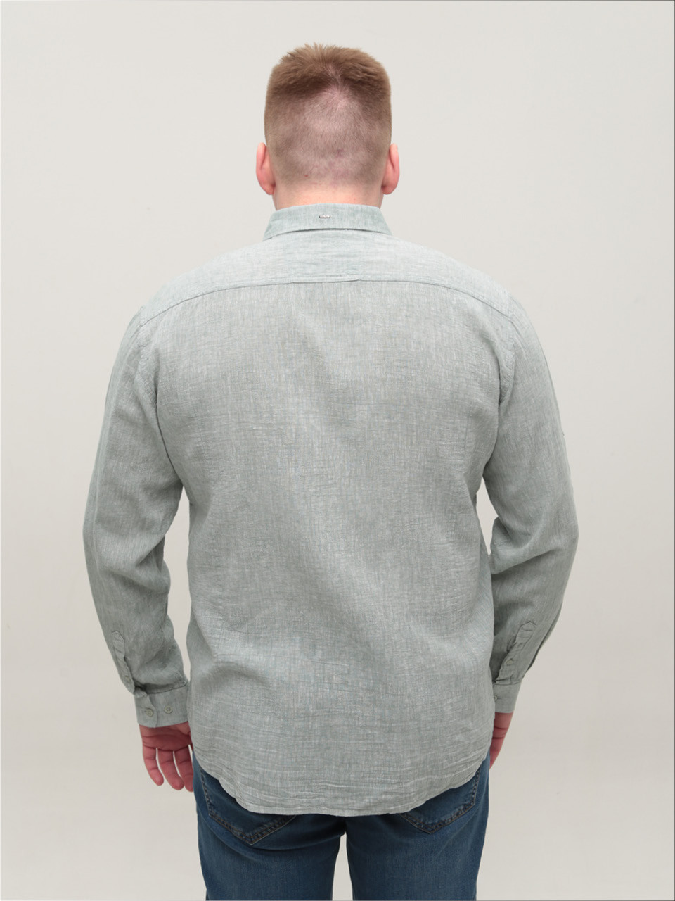 Рубашка мужская зеленая льняная длинный рукав 8412-12