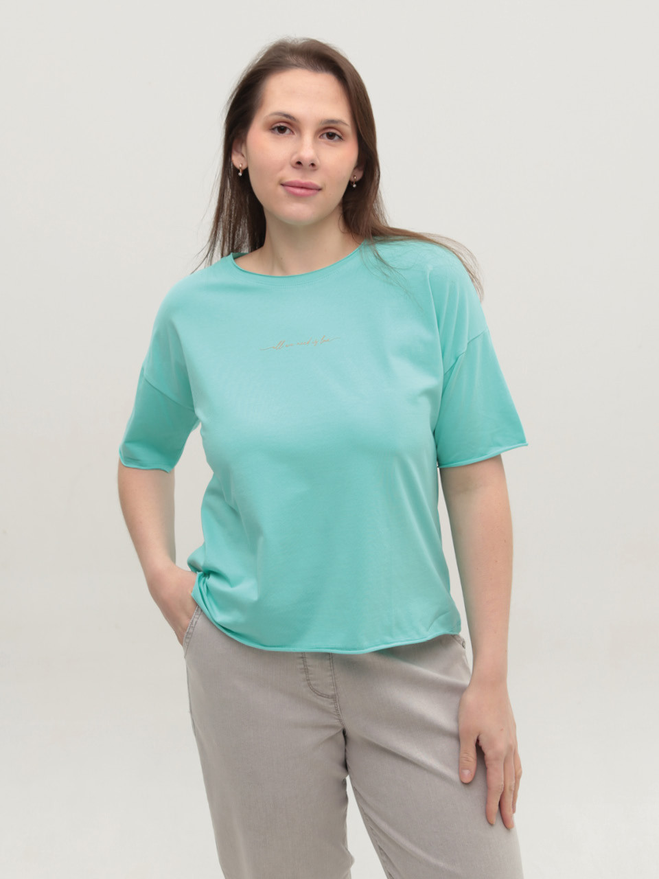 Футболка женская ментоловая прямая с надписью 1835-16-T