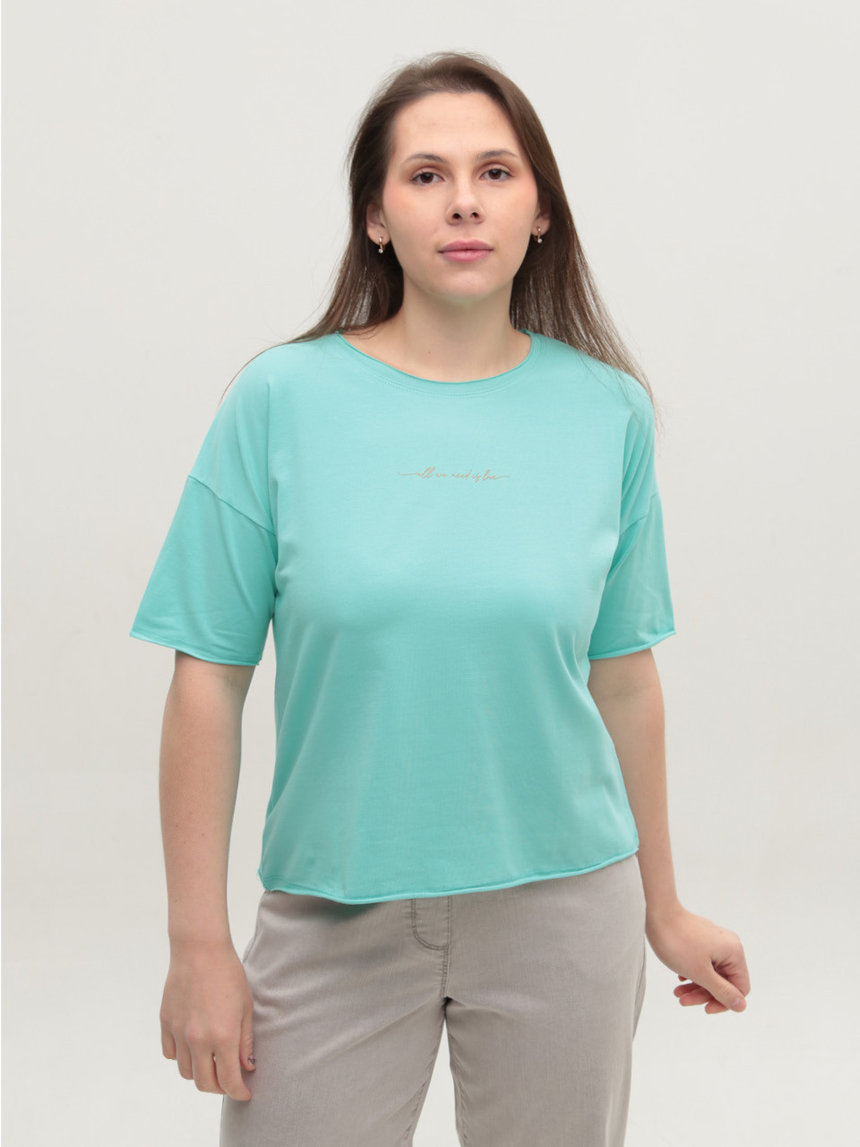 Футболка женская ментоловая прямая с надписью 1835-16-T