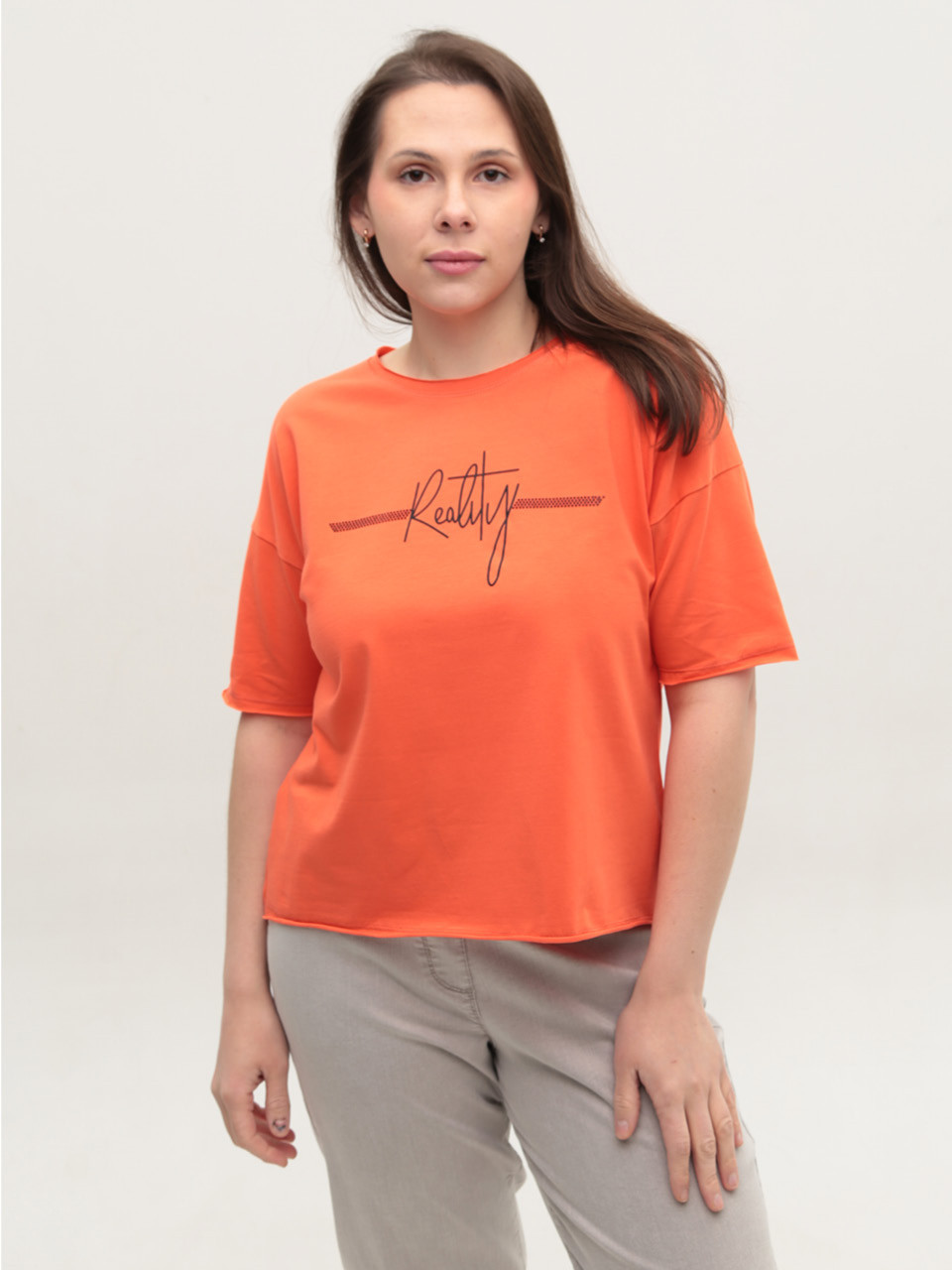 Футболка женская коралловая с надписью 2718-12-T