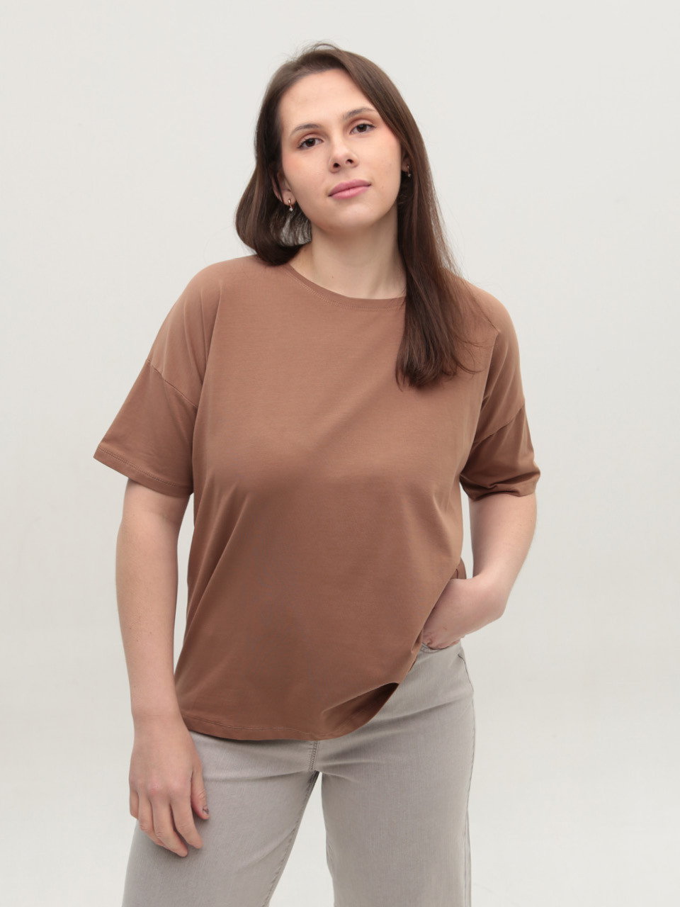 Футболка женская бежевая широкая 7375-11-T