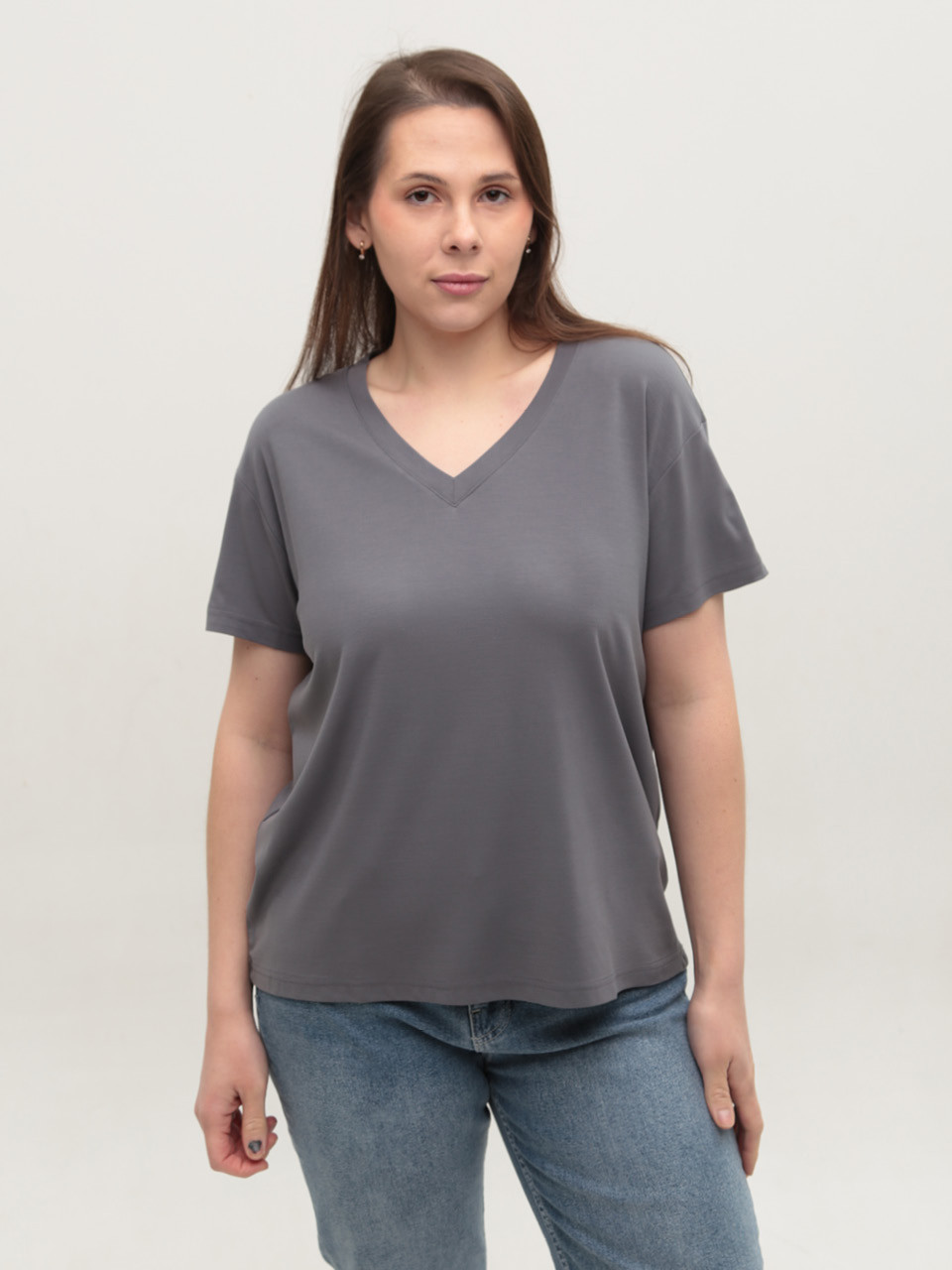 Футболка жіноча сіра тонка з мисом вільна 21-07-V