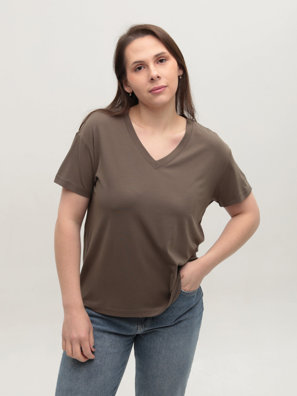 Футболка женская хаки тонкая с мысом большие размеры 21-B-09-V