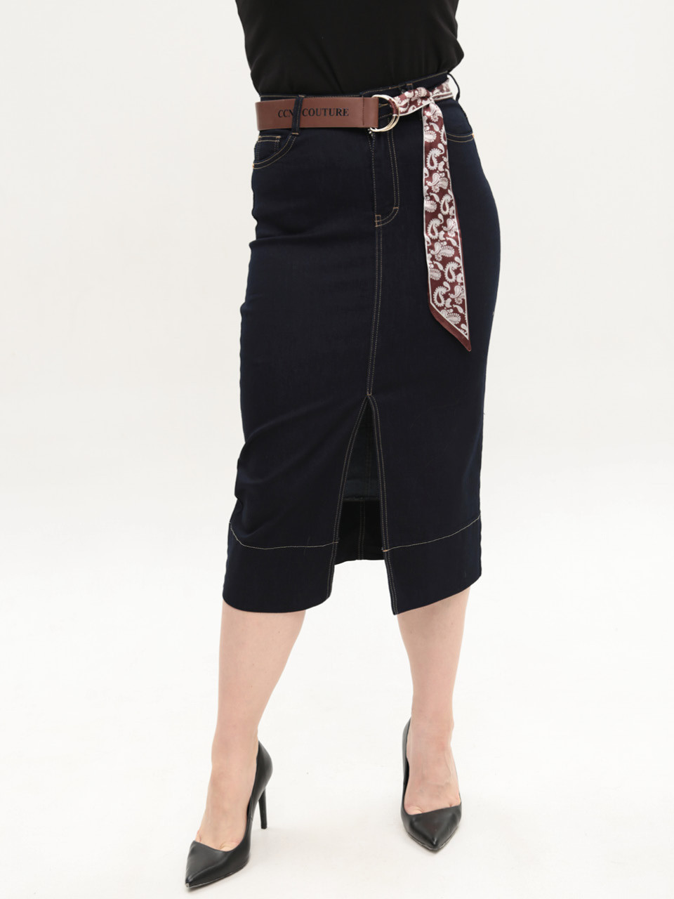 Спідниця жіноча темно-синя міді з розрізом 2244