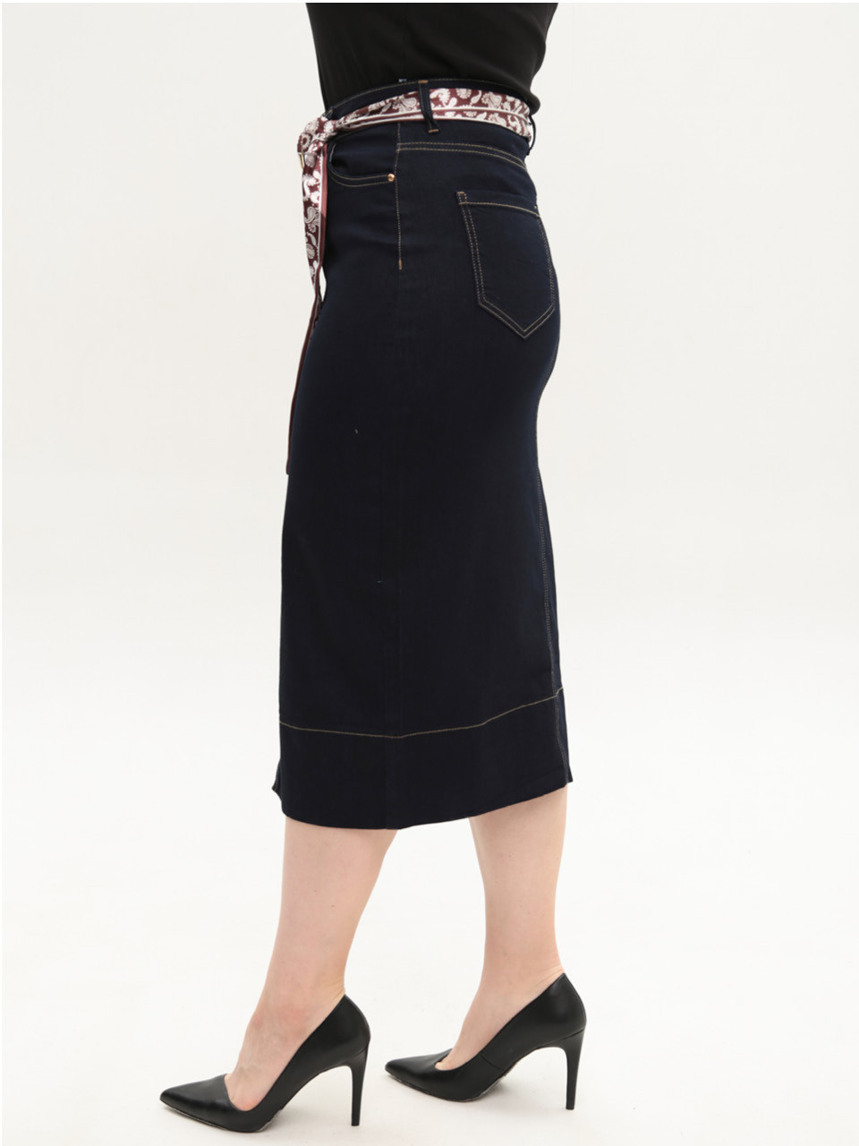 Спідниця жіноча темно-синя міді з розрізом 2244