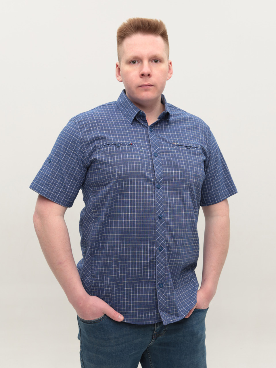 Сорочка чоловіча синя в клітку короткий рукав 403
