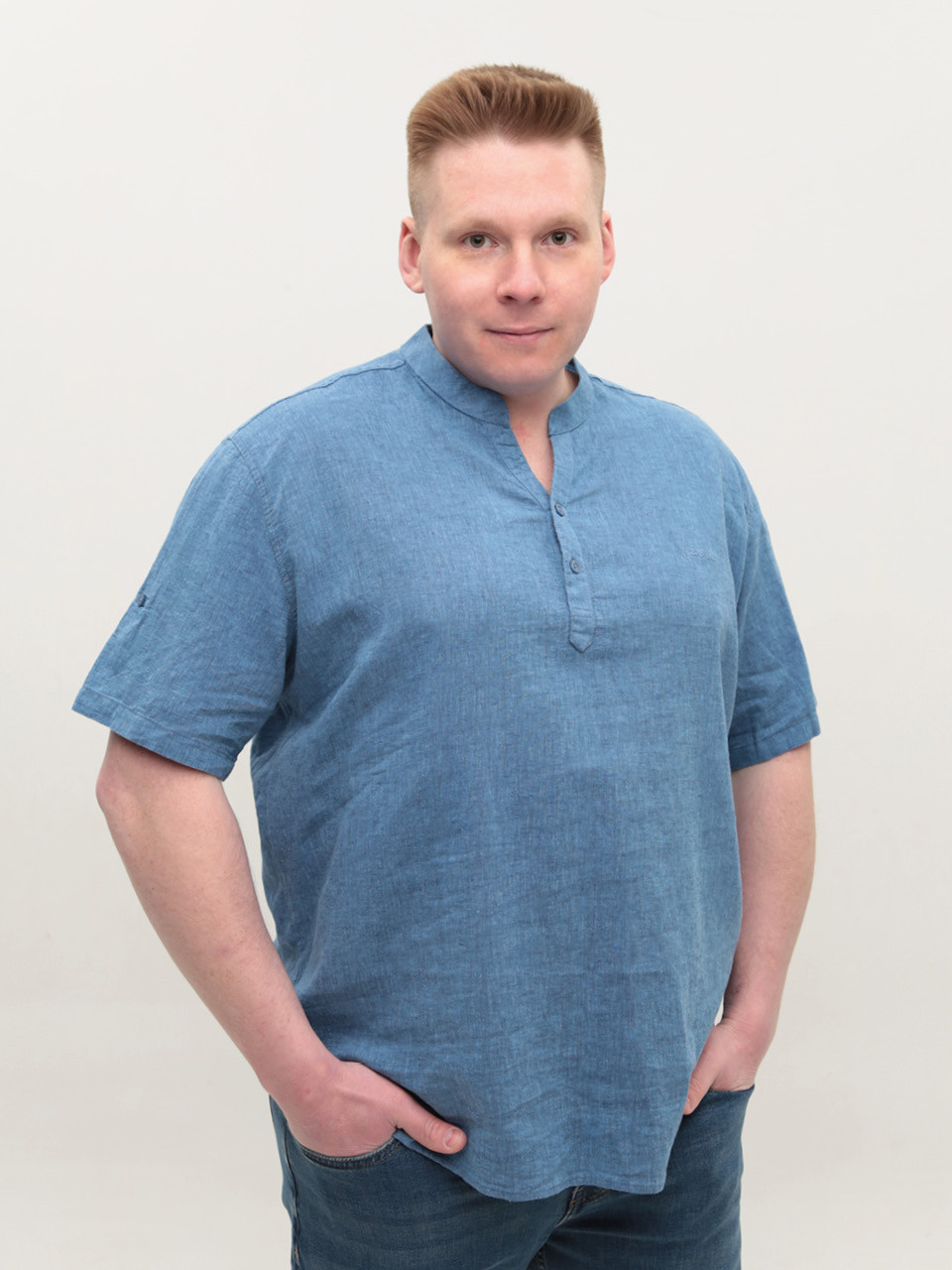 Сорочка чоловіча синя лляна великі розміри 302-B-07