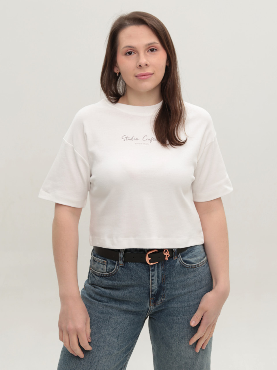 Футболка женская белая укороченная 114-12